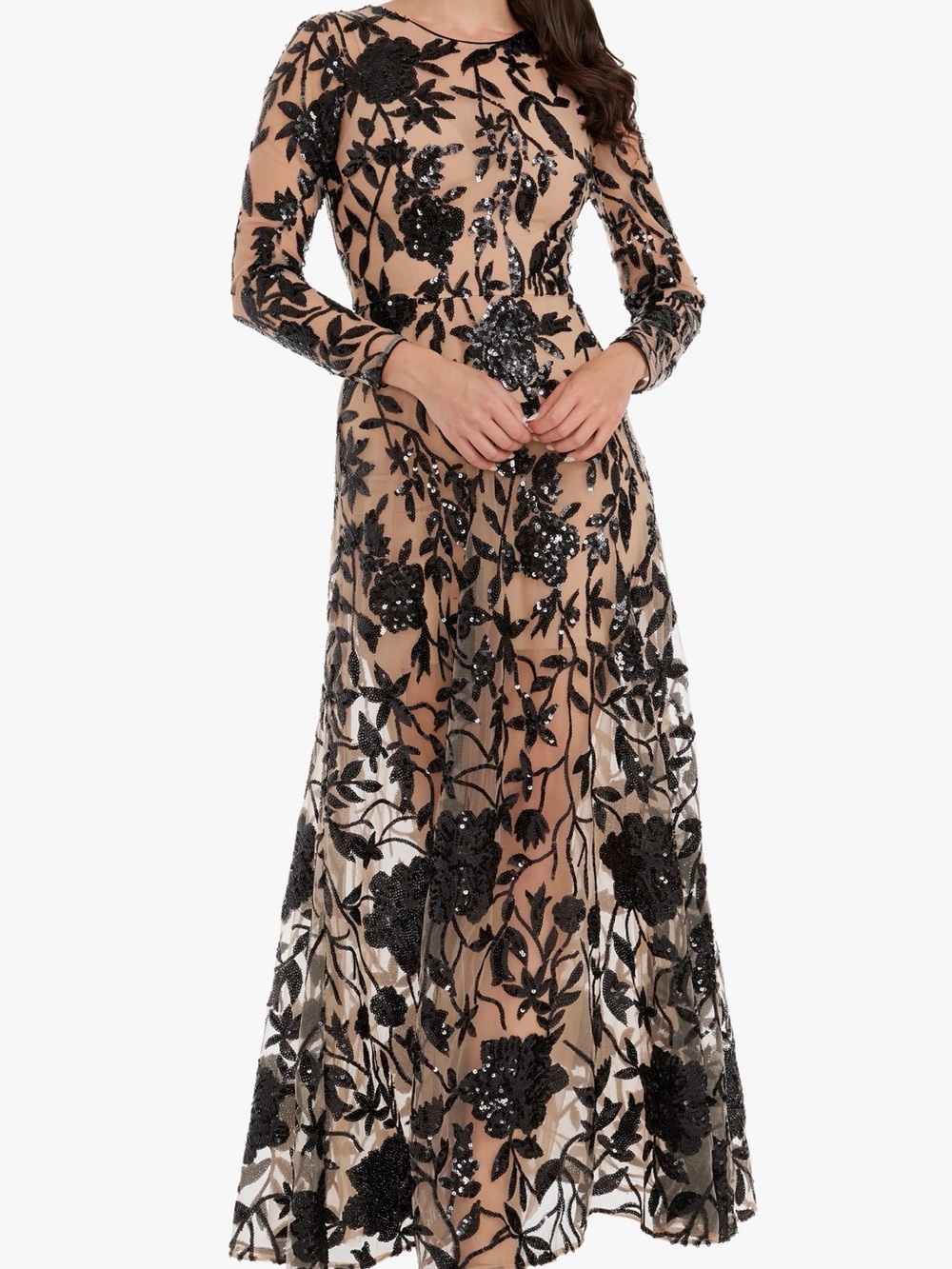 Dress the Population Ava Black Nude Sequined Floral Lace Long Sleeve Gown NWT